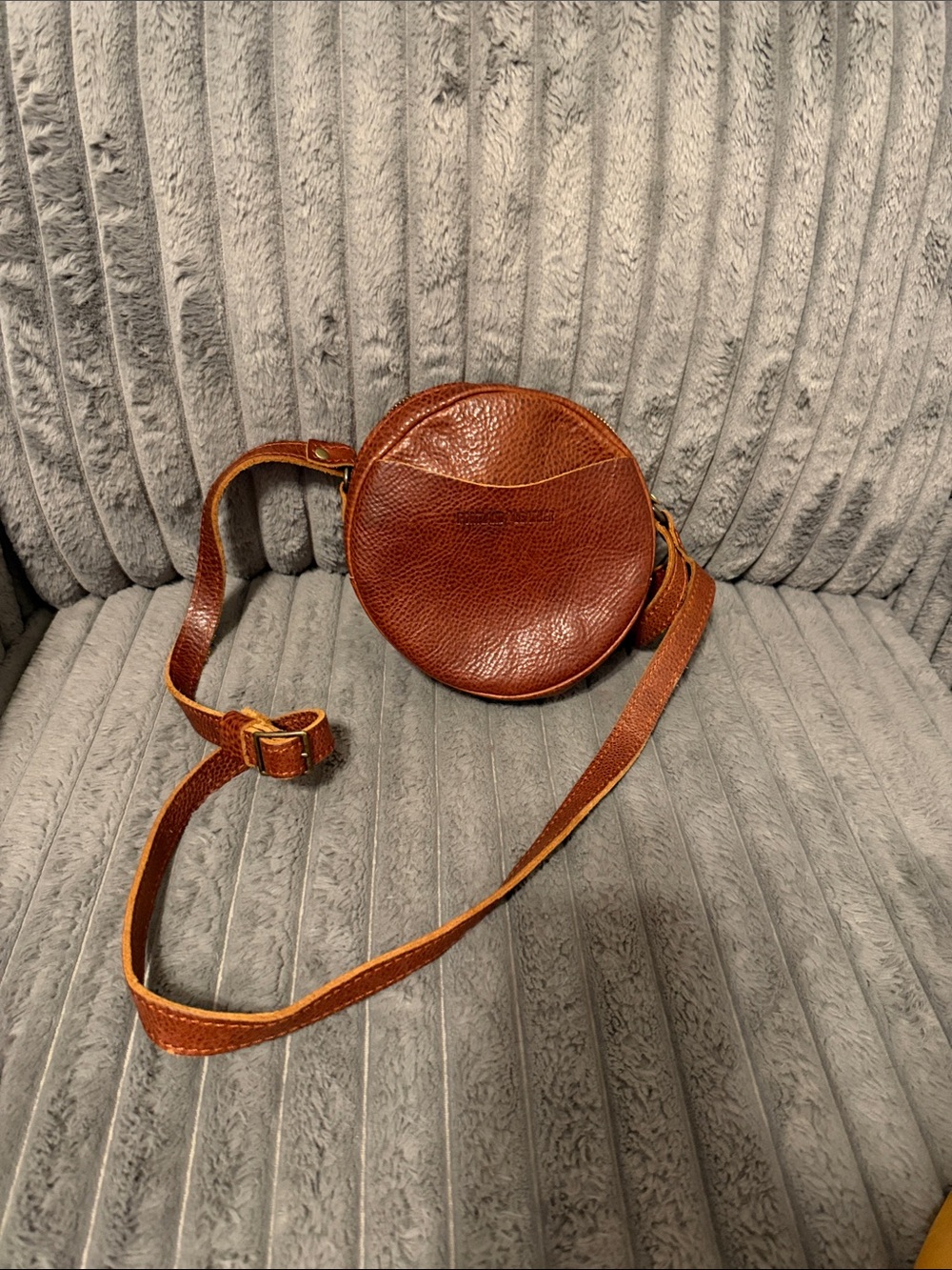 Used Portland leather goods circle crossbody in pebbled brown